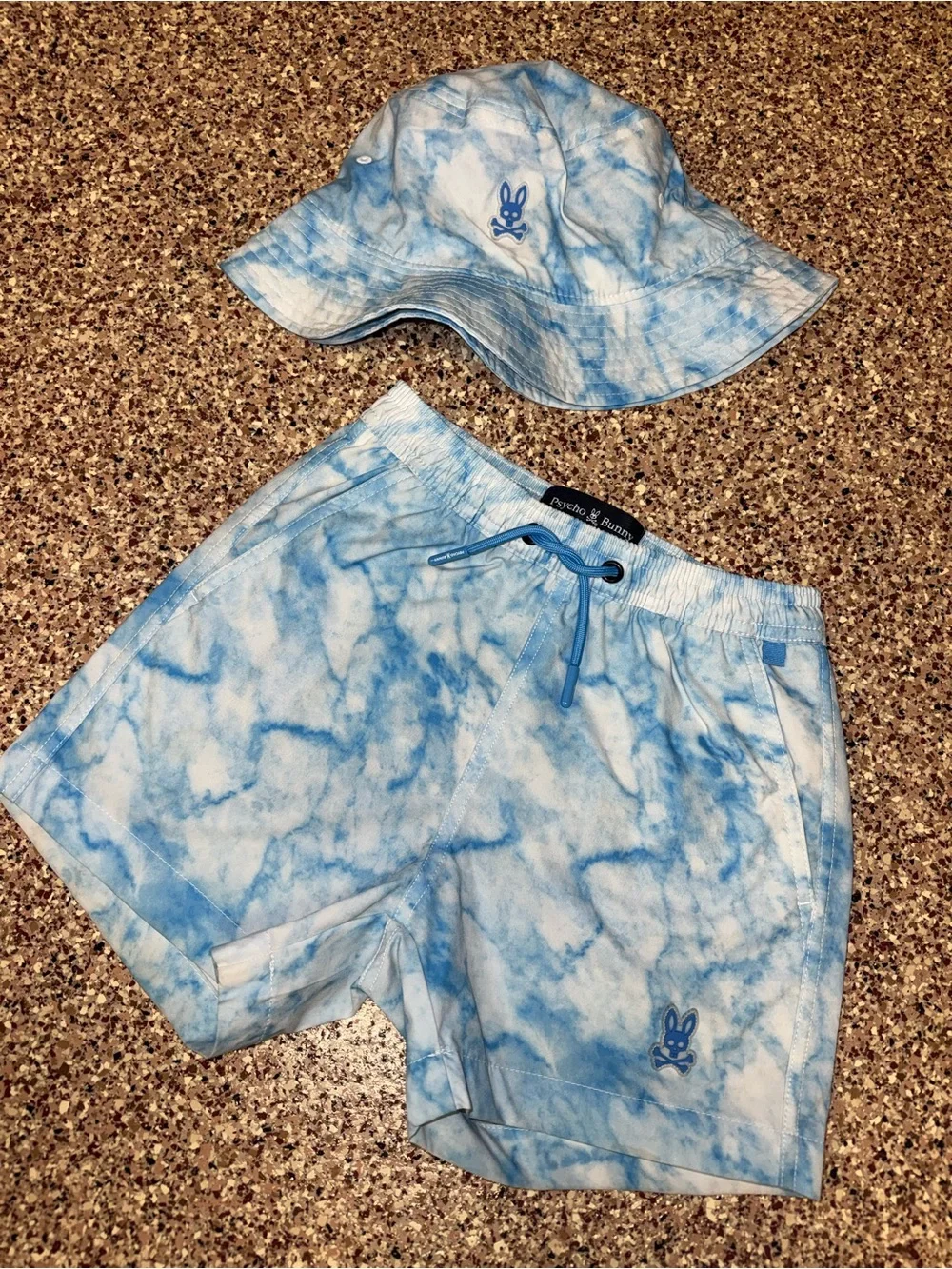 Psycho Bunny boys shorts Blue Tie-Dye Swim Trunks and Bucket Hat 4 years
